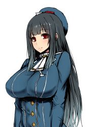 Rule 34 | 10s, 1girl, alternate hair length, alternate hairstyle, beret, black hair, blush, breasts, hat, ishimiso (ishimura), kantai collection, large breasts, long hair, looking at viewer, military, military uniform, red eyes, smile, solo, takao (kancolle), uniform, white background