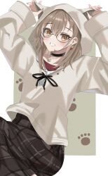 Rule 34 | 1girl, animal ears, berry, black choker, brown eyes, brown hair, brown hoodie, brown skirt, choker, earrings, ears through headwear, glasses, grin, highres, holding ears, hololive, hololive english, hood, hood up, hoodie, jewelry, long hair, long skirt, looking at viewer, multicolored hair, nail art, nanashi mumei, nanashi mumei (casual), necklace, official alternate costume, oversized clothes, paw print, plaid, plaid skirt, red shirt, round eyewear, shirt, simple background, skirt, sleeves past wrists, smile, streaked hair, sweater, virtual youtuber, white sweater, yobi (ybpac18)