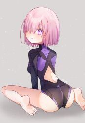 Rule 34 | 1girl, absurdres, ass, back cutout, bare legs, barefoot, black leotard, blush, clothing cutout, fate/grand order, fate (series), feet out of frame, from behind, grey background, hair over one eye, harukappa, highres, leotard, looking at viewer, mash kyrielight, open mouth, pink eyes, pink hair, purple leotard, short hair, sitting, soles, solo, straight hair, two-tone leotard, wariza