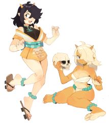 Rule 34 | 2girls, absurdres, ahoge, bandages, bare shoulders, barefoot, beads, blush, brown nails, closed mouth, collarbone, fang, fang out, fangs, fingernails, grey background, hair over one eye, highres, holding, holding skull, horns, long hair, medium hair, multiple girls, oni, oni-chan (suizilla), oni horns, open mouth, original, pointy ears, purple eyes, simple background, sitting, skull, smile, sui (suizilla), sweat, teeth, tongue, wariza, yellow horns