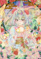 Rule 34 | 1girl, blue kimono, blush, colorful, floral print, floral print kimono, flower, green eyes, green hair, green sash, hair flower, hair ornament, hanamoji, highres, japanese clothes, kimono, leaf, long sleeves, looking at viewer, multicolored background, multicolored hair, multicolored nails, obi, original, parted lips, pink flower, purple hair, sash, solo, star (symbol), straight-on, tassel, traditional media, twitter username, two-tone hair