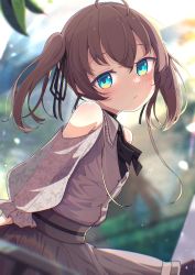 Rule 34 | 1girl, absurdres, ahoge, bare shoulders, black ribbon, black skirt, blue eyes, blush, breasts, brown hair, closed mouth, clothing cutout, collared shirt, commentary request, dutch angle, grey shirt, hair between eyes, hair ribbon, highres, hololive, long sleeves, looking at viewer, looking to the side, natsuiro matsuri, natsuiro matsuri (casual), okota mikan, profile, puffy long sleeves, puffy sleeves, ribbon, see-through, see-through sleeves, shirt, shoulder cutout, skirt, small breasts, solo, twintails, virtual youtuber