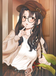 Rule 34 | 1girl, bag, black hair, breasts, casual, commentary request, door, frown, glasses, hat, highres, idolmaster, idolmaster million live!, izuminnu, jacket, jewelry, long hair, looking at viewer, medium breasts, necklace, pleated skirt, red eyes, skirt, solo, takayama sayoko