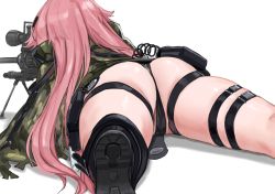 Rule 34 | 1girl, aiming, artist request, ass, boots, cameltoe, facing away, from behind, girls&#039; frontline, gun, highres, long hair, lying, military, military uniform, miniskirt, ntw-20 (girls&#039; frontline), on stomach, partially visible vulva, pink hair, rifle, shiny skin, skirt, sniper rifle, solo, thong, uniform, upskirt, very long hair, weapon