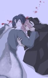 Rule 34 | 10s, 1boy, 1girl, bad id, bad pixiv id, black cloak, black hair, cloak, coat, commentary request, couple, darling in the franxx, closed eyes, fringe trim, fur trim, grey coat, grey shirt, hand on another&#039;s arm, hand on another&#039;s face, highres, hiro (darling in the franxx), hood, hooded cloak, long coat, long hair, lying, on back, on side, open clothes, open coat, parka, pink hair, shirt, short hair, user rwsp7442, winter clothes, winter coat, zero two (darling in the franxx)