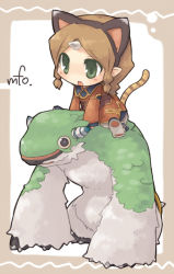 Rule 34 | 1990s (style), 1girl, 7010, animal ears, brown hair, chibi, green eyes, monster farm, riding, solo, tail