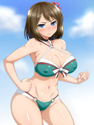 Rule 34 | 10s, 1girl, angry, bad id, bad pixiv id, bikini, blue bikini, blue eyes, blush, breasts, brown hair, cleavage, clenched hands, cloud, covered erect nipples, curvy, day, hair ornament, hair ribbon, hairclip, hand on own hip, highres, kantai collection, large breasts, looking at viewer, maeda r44, maya (kancolle), maya kai ni (kancolle), navel, o-ring, o-ring bikini, o-ring bottom, o-ring top, ribbon, short hair, solo, standing, sweatdrop, swimsuit, wide hips
