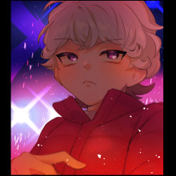 Rule 34 | 1boy, bede (pokemon), closed mouth, coat, commentary, creatures (company), curly hair, eyelashes, fflora, game freak, grey hair, hand up, looking to the side, male focus, nintendo, pokemon, pokemon swsh, popped collar, purple eyes, red coat, short hair, solo, symbol-only commentary, upper body