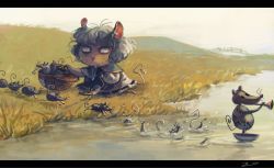 Rule 34 | 1girl, animal ears, basket, capelet, commentary, dowsing rod, grey hair, jewelry, koto inari, letterboxed, mouse (animal), mouse ears, mouse tail, nazrin, pendant, puppet, river, short hair, tail, tooth, touhou, washing, whiskers