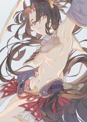 Rule 34 | 1girl, abs, animal ears, arm up, armor, armpits, bare legs, blue background, blush, breast curtains, breasts, brown hair, cleavage, commentary, cowboy shot, detached sleeves, duplicate, fate/grand order, fate (series), feather hair ornament, feathers, forehead, gloves, hair between eyes, hair ornament, highres, hxxg, japanese armor, japanese clothes, kusazuri, long hair, looking at viewer, medium breasts, midriff, miniskirt, navel, parted bangs, parted lips, pleated skirt, purple eyes, purple gloves, red skirt, revealing clothes, simple background, skirt, solo, sword, symbol-only commentary, tail, thighs, toned, underboob, ushiwakamaru (fate), weapon