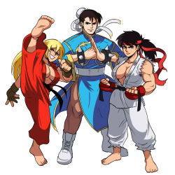 Rule 34 | 1boy, 2girls, barefoot, black hair, black sash, blonde hair, bracelet, breasts, brown gloves, brown pants, bun cover, capcom, chinese clothes, chun-li, cleavage, dougi, fighting stance, fingerless gloves, genderswap, genderswap (ftm), genderswap (mtf), gloves, grin, hair bun, headband, highres, japanese clothes, jewelry, ken masters, kimono, large breasts, long hair, multiple girls, muscular, muscular female, no bra, pants, red gloves, red headband, ryu (street fighter), sash, simple background, smile, spiked bracelet, spikes, standing, standing on one leg, street fighter, tina fate, white background, wide sleeves