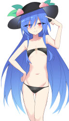 Rule 34 | 1girl, bad arm, bad perspective, bikini, black bikini, black hat, blue hair, collarbone, e.o., flat chest, food, fruit, hand on own hip, hat, highres, hinanawi tenshi, long hair, looking at viewer, navel, paid reward available, peach, petite, red eyes, simple background, skinny, smile, solo, strapless, strapless bikini, swimsuit, thigh gap, touhou, very long hair, white background