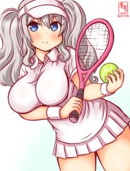 Rule 34 | 1girl, alternate costume, artist logo, ball, blue eyes, breasts, commentary request, cowboy shot, dated, grey eyes, holding, holding ball, holding racket, kanon (kurogane knights), kantai collection, kashima (kancolle), large breasts, one-hour drawing challenge, pink shirt, pink skirt, pleated skirt, racket, shirt, short sleeves, sidelocks, silver hair, simple background, skirt, solo, sportswear, tennis ball, tennis racket, tennis uniform, twintails, visor cap, wavy hair, white background, wristband