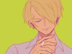 Rule 34 | 1boy, archived source, bad id, bad twitter id, blonde hair, cigarette, closed eyes, curly eyebrows, facial hair, goatee stubble, green background, hair over one eye, male focus, one piece, potechi norisio, sanji (one piece), shirt, smoking, solo, stubble