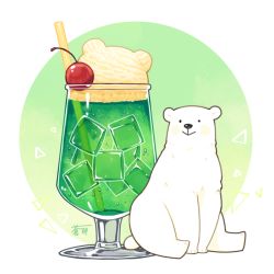 Rule 34 | animal, aona (noraneko), bear, cherry, cup, drink, drinking glass, drinking straw, food, food focus, fruit, ice cream, melon soda, no humans, original, polar bear