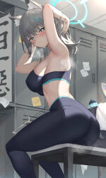 Rule 34 | 1girl, absurdres, adjusting hair, alternate breast size, armpits, arms up, ass, atsuko&#039;s grin (meme), atsuko (blue archive), black sports bra, blue archive, bottle, breasts, clothes hanger, doodle sensei (blue archive), feet out of frame, grey hair, halo, highres, indoors, jixo (user nzhc8728), large breasts, light smile, locker, locker room, looking at viewer, looking to the side, meme, mutsuki (blue archive), panties under yoga pants, pants, sensei (blue archive), shiroko (blue archive), sitting, solo, sports bra, steaming body, sticky note, sweat, towel, tying hair, water bottle, yoga pants