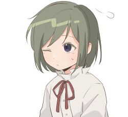 Rule 34 | 1girl, aged down, buttons, closed mouth, collared shirt, colored eyelashes, commentary, expressionless, green hair, kagerou project, kido tsubomi, koyon, looking up, neck ribbon, one eye closed, purple eyes, red ribbon, ribbon, shirt, short hair, simple background, solo, sweat, swept bangs, symbol-only commentary, upper body, white background, white shirt
