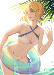 Rule 34 | 1girl, :d, aqua eyes, artoria pendragon (all), artoria pendragon (fate), artoria pendragon (swimsuit archer) (first ascension) (fate), bikini, blonde hair, fate (series), highres, leaning forward, looking back, open mouth, palm tree, saber (fate), smile, swimsuit, tree, xing muhen