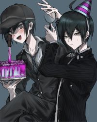 Rule 34 | 2boys, :d, arm up, black hair, black jacket, black pants, blood, blush, buttons, cake, collared shirt, crossed legs, danganronpa (series), danganronpa v3: killing harmony, double-breasted, dual persona, eyelashes, food, grey shirt, hat, highres, holding, holding cake, holding food, jacket, knife, lower teeth only, magnifying glass, male focus, multiple boys, necktie, open mouth, pale skin, pants, pink blood, saihara shuichi, shirt, short hair, sitting, smile, striped clothes, striped jacket, striped neckwear, teeth, tejava (te java v3), upper body