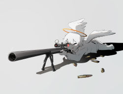 Rule 34 | 1boy, :q, absurdres, aiming, angel, angel wings, avogado6, bullet, colored skin, feathered wings, foreshortening, glint, grey background, gun, halo, highres, jacket, lying, male focus, on stomach, original, pants, perspective, red eyes, rifle, scope, shoes, simple background, sniper rifle, solo, symbolism, tongue, tongue out, weapon, white footwear, white jacket, white pants, white skin, white wings, wings
