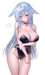 Rule 34 | ..., 1girl, ahoge, animal ears, armpit crease, bare arms, bare shoulders, black choker, black leotard, blue hair, blush, breasts, bright pupils, choker, cleavage, closed mouth, collarbone, commission, cowboy shot, embarrassed, floppy ears, fymrie, gluteal fold, grey eyes, heart, heart ahoge, highleg, highleg leotard, highres, large breasts, leotard, long hair, looking to the side, nontraditional playboy bunny, original, rabbit ears, rabbit tail, side-tie leotard, simple background, skindentation, solo, spoken ellipsis, standing, strapless, strapless leotard, sweat, tail, thigh gap, thighs, very long hair, white background