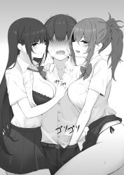 Rule 34 | 1boy, 2girls, absurdres, belt, blunt bangs, blush, bow, bra, breath, collarbone, greyscale, hand in pants, hand on another&#039;s face, highres, long hair, monochrome, multiple girls, nakatama kyou, open mouth, original, panties, parted lips, ponytail, sexually suggestive, skirt, string panties, sweat, trembling, underwear, undressing another