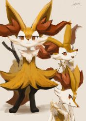 Rule 34 | 1girl, :3, animal ear fluff, animal ears, animal hands, animal nose, arms behind back, artist name, beige background, black fur, blush, body fur, braixen, closed mouth, creatures (company), fang, female focus, flat chest, fox ears, fox girl, fox tail, from side, full body, furry, furry female, game freak, gen 6 pokemon, hand on own face, hand up, happy, highres, ikei, licking lips, light blush, looking at viewer, looking to the side, multiple views, nintendo, open mouth, pokemon, pokemon (creature), profile, red eyes, signature, simple background, sketch, skin fang, smile, snout, standing, straight-on, tail, tongue, tongue out, upper body, white fur, yellow fur