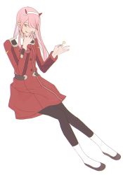 Rule 34 | 1girl, black pantyhose, candy, darling in the franxx, flat color, food, green eyes, hair over one eye, hairband, hand up, horns, invisible chair, licking lips, lollipop, long hair, long sleeves, looking at viewer, military, military uniform, oni horns, pantyhose, pil tor, pink hair, red horns, simple background, sitting, solo, tongue, tongue out, uniform, white background, zero two (darling in the franxx)