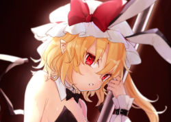 Rule 34 | 1girl, animal ears, bare arms, bare shoulders, black background, black bow, black bowtie, black leotard, blonde hair, bow, bowtie, breasts, commentary request, crystal, detached collar, dutch angle, fake animal ears, flandre scarlet, hair between eyes, hand up, hat, hat bow, honotai, leotard, long hair, looking at viewer, mob cap, one side up, parted lips, playboy bunny, pointy ears, pole, rabbit ears, red bow, red eyes, simple background, small breasts, solo, strapless, strapless leotard, touhou, upper body, white hat, wings, wrist cuffs