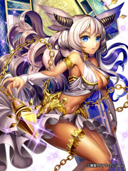 Rule 34 | 1girl, bad id, bad pixiv id, blue eyes, blue hair, breasts, chain, cleavage, detached sleeves, ells, grey hair, horns, large breasts, long hair, lots of jewelry, matching hair/eyes, midriff, multicolored hair, navel, official art, skirt, solo, sousei ragnavein, thighlet, two-tone hair, very long hair, weapon