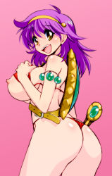 Rule 34 | 1girl, artist request, ass, athena (series), bikini, breasts, female focus, long hair, nipples, open mouth, princess athena, purple hair, simple background, smile, snk, solo, swimsuit, thong, yellow eyes