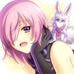 Rule 34 | 1girl, :d, animal, animal on back, bad id, bad pixiv id, black gloves, elbow gloves, fate/grand order, fate (series), fou (fate), gloves, hair over one eye, hand in own hair, long hair, looking at viewer, mash kyrielight, open mouth, pink hair, purple eyes, riako, sleeveless, smile, solo