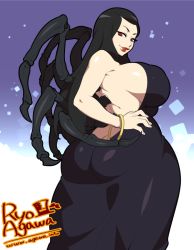 Rule 34 | 1girl, agawa ryou, arthropod limbs, artist name, ass, backless dress, backless outfit, bad id, bad tumblr id, bare shoulders, black dress, black hair, bracelet, breasts, butt crack, curvy, dress, huge ass, huge breasts, jewelry, long hair, looking at viewer, looking back, monster girl, parted lips, plump, red eyes, sideboob, smile, solo, thick thighs, thighs, watermark, web address, wide hips