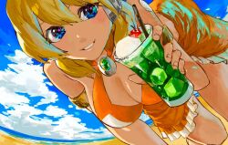 Rule 34 | 1girl, alia (mega man), beach, blonde hair, blue eyes, breasts, cairngorm999, cleavage, cloud, cup, drinking glass, highres, large breasts, looking at viewer, medium hair, mega man (series), mega man x (series), ocean, one-piece swimsuit, orange one-piece swimsuit, robot ears, sky, solo, swimsuit
