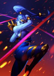 Rule 34 | 1girl, armor, bare shoulders, blue dress, blue hair, blue skin, bracer, breasts, circlet, colored skin, dress, earrings, embers, fighting stance, foot out of frame, gold earrings, hades (series), hades 1, hair tie, high ponytail, holding, holding whip, jewelry, long hair, medium breasts, megaera (hades), multiple earrings, shoulder armor, shoulder spikes, sleeveless, sleeveless dress, solo, spiked ear piercing, spikes, thequito, toned, whip