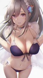 Rule 34 | 1girl, :d, azur lane, bad id, bad pixiv id, bare shoulders, bikini, blush, breasts, butterfly hair ornament, choker, cleavage, collarbone, commentary request, cowboy shot, dunkerque (azur lane), dunkerque (summer sucre) (azur lane), flower, grey background, grey hair, hair ornament, hairband, highres, large breasts, long hair, looking at viewer, navel, open mouth, pink eyes, ponytail, purple bikini, ruwoka, sidelocks, simple background, smile, solo, stomach, swimsuit, thighs