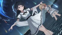 2girls black_hair blonde_hair blue_eyes cloud dress dutch_angle frills highres hoshino_ichika_(project_sekai) long_hair multicolored_hair multiple_girls night night_sky ocean open_mouth outdoors outstretched_arms project_sekai red_eyes shooting_star short_sleeves skirt_hold sky smile standing star_(sky) star_\(sky\) starry_sky swept_bangs tenma_saki wading water white_dress yedeul