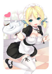 Rule 34 | 10s, 1girl, :d, alternate hairstyle, apron, blonde hair, boku wa tomodachi ga sukunai, breasts, butterfly hair ornament, checkered floor, cleavage, detached collar, floor, green eyes, hair ornament, heart, kashiwazaki sena, maid, maid apron, maid headdress, mary janes, open mouth, ririko (zhuoyandesailaer), shoes, smile, solo, thighhighs, tray, twintails, white thighhighs