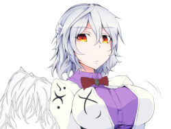 Rule 34 | 1girl, bad id, bad pixiv id, breasts, closed mouth, collared shirt, grey hair, highres, kishin sagume, large breasts, looking at viewer, nekomata kyou, red eyes, shirt, short hair, simple background, solo, touhou, upper body, white background, wings