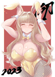 Rule 34 | 1girl, 2023, absurdres, animal ears, arms up, bare arms, bare shoulders, blonde hair, border, bow, bowtie, breasts, chinese zodiac, chromatic aberration, cleavage, closed mouth, collarbone, commentary request, covered navel, cowboy shot, detached collar, dolphin wave, facing viewer, fake animal ears, fishnet pantyhose, fishnets, grey pantyhose, groin, hair intakes, highres, kidomonika, kirahoshi kanna, large breasts, lens flare, leotard, long hair, outside border, pantyhose, playboy bunny, rabbit ears, rabbit pose, red background, sidelocks, simple background, smile, solo, standing, strapless, strapless leotard, very long hair, wavy hair, white border, wrist cuffs, year of the rabbit, yellow bow, yellow bowtie, yellow leotard