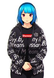 Rule 34 | 1girl, absurdres, black hairband, blue hair, blunt bangs, breasts, coat, drip (meme), erkaz, hairband, highres, large breasts, looking at viewer, medium hair, meme, original, own hands together, print coat, red eyes, rina atherina, simple background, solo, supreme (brand), upper body, white background