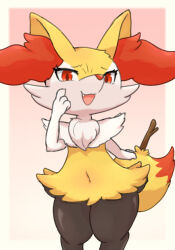Rule 34 | 1girl, :3, animal ear fluff, animal ears, animal hands, animal nose, black fur, body fur, border, braixen, creatures (company), fang, female focus, flat chest, fox ears, fox girl, fox tail, furry, furry female, game freak, gen 6 pokemon, gradient background, hand on own cheek, hand on own face, hand up, happy, looking at viewer, multicolored fur, navel, neck fur, nintendo, open mouth, outside border, pink background, pokemon, pokemon (creature), raised eyebrows, red eyes, simple background, smile, smug, snout, solo, standing, stick, stomach, tail, teine, thick thighs, thighs, white border, white fur, wide hips, yellow fur