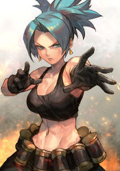 Rule 34 | 1girl, bare shoulders, black gloves, black tank top, blue eyes, blue hair, breasts, cleavage, gas can, gloves, hungry clicker, jewelry, leona heidern, long hair, midriff, military, muscular, muscular female, navel, ponytail, snk, soldier, solo, tank top, the king of fighters