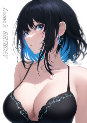 Rule 34 | 1girl, absurdres, black dress, black hair, blue eyes, blue hair, breasts, cleavage, collarbone, dress, earrings, happy birthday, highres, jewelry, large breasts, leone (kamina0205), leone (leone (kamina0205)), looking at viewer, multicolored hair, original, parted lips, short hair, simple background, sleeveless, sleeveless dress, solo, sparkle, twitter username, two-tone hair, upper body, white background