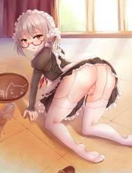 Rule 34 | 1girl, all fours, alternate costume, ass, bad id, bad pixiv id, blush, broken glass, covering privates, covering crotch, fallen down, frills, garter straps, glass, glasses, grey hair, hibiki (warship girls r), highres, looking at viewer, looking back, maid, maid headdress, no panties, on floor, open mouth, orange eyes, red-framed eyewear, scrunchie, semi-rimless eyewear, shoes, unworn shoes, short hair, short twintails, solo, tears, thighhighs, tray, twintails, under-rim eyewear, verniy (warship girls r), warship girls r, white thighhighs, yuemanhuaikong