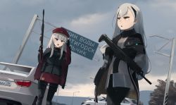 Rule 34 | 2girls, :o, absurdres, ak-74m, ak-alfa, ak-alfa (girls&#039; frontline), ak74m (girls&#039; frontline), ammunition belt, assault rifle, beret, black cloak, black gloves, black legwear, black pants, blue eyes, blush, car, cloak, cloud, cloudy sky, feet out of frame, fingerless gloves, from below, girls&#039; frontline, gloves, gun, hair ornament, hairclip, hat, highres, hinami047, holding, holding gun, holding weapon, kalashnikov rifle, knee pads, knife sheath, knife sheath, lada (car), long hair, long sleeves, looking at another, looking away, motor vehicle, multiple girls, open mouth, pants, pantyhose, red skirt, rifle, russia, russian flag, russian text, salute, scenery, sheath, silver hair, skirt, sky, snowflake hair ornament, standing, tactical clothes, weapon, yellow eyes
