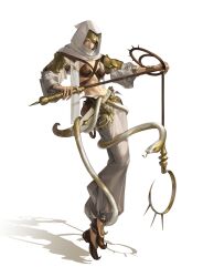 Rule 34 | 111qgs, 1girl, absurdres, fantasy, floating, full body, highres, holding, holding whip, hood, knife, looking at viewer, midriff, navel, original, pointy footwear, shadow, snake, solo, whip, white background, yellow eyes