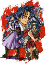 Rule 34 | 2boys, 2girls, anastasia valeria, armor, armored dress, ashley winchester, blue hair, breasts, dress, gloves, hair ornament, hairband, irving valeria, kanon (wild arms 2), large breasts, long hair, low-tied long hair, medium breasts, multiple boys, multiple girls, red hairband, sword, twintails, very long hair, weapon, wild arms, wild arms 2, zaido