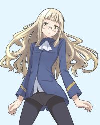 Rule 34 | 1girl, ascot, bad id, bad pixiv id, black pantyhose, blonde hair, crotch seam, galaxea, glasses, highres, long hair, military, military uniform, panties, panties under pantyhose, pantyhose, parted lips, perrine h. clostermann, simple background, solo, strike witches, underwear, uniform, world witches series, yellow eyes