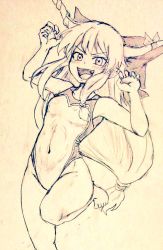 Rule 34 | 1girl, bare legs, barefoot, breasts, claw pose, commentary request, competition swimsuit, covered navel, cowboy shot, d-m (dii emu), eyelashes, greyscale, horns, ibuki suika, leg up, long hair, looking at viewer, monochrome, one-piece swimsuit, oni horns, open mouth, small breasts, standing, standing on one leg, swimsuit, touhou, traditional media, v-shaped eyebrows